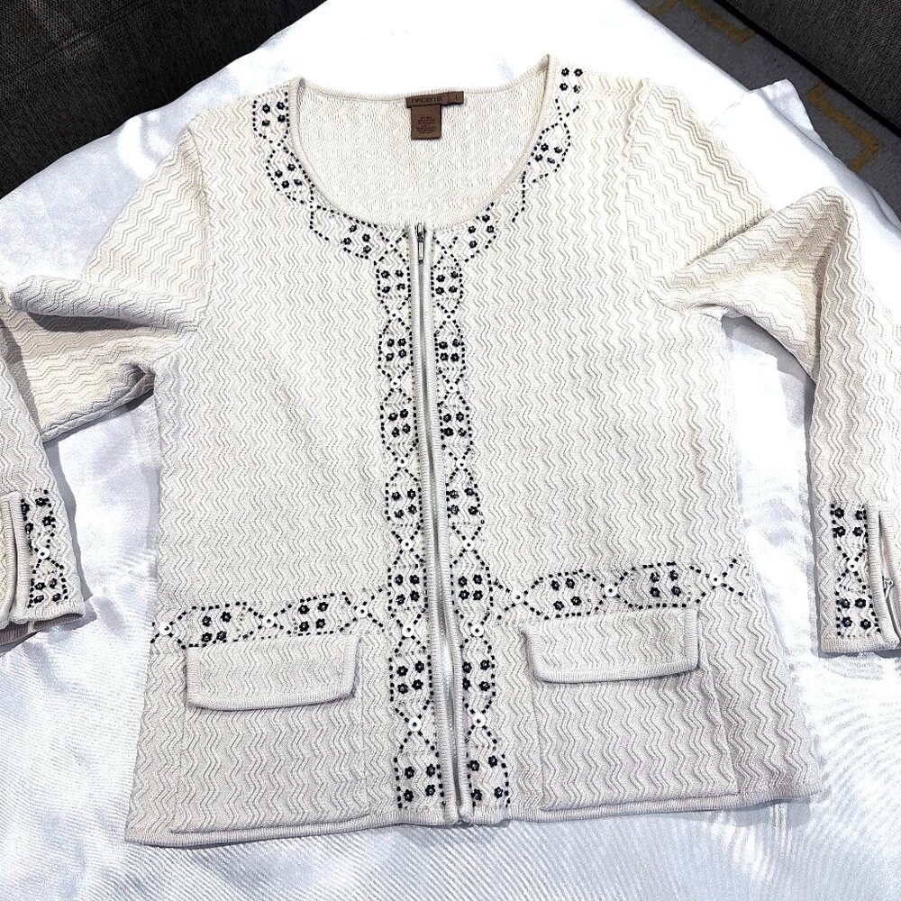 Arden B Silk/Cotton Ivory Zip Cardigan w/Sequins, Size L